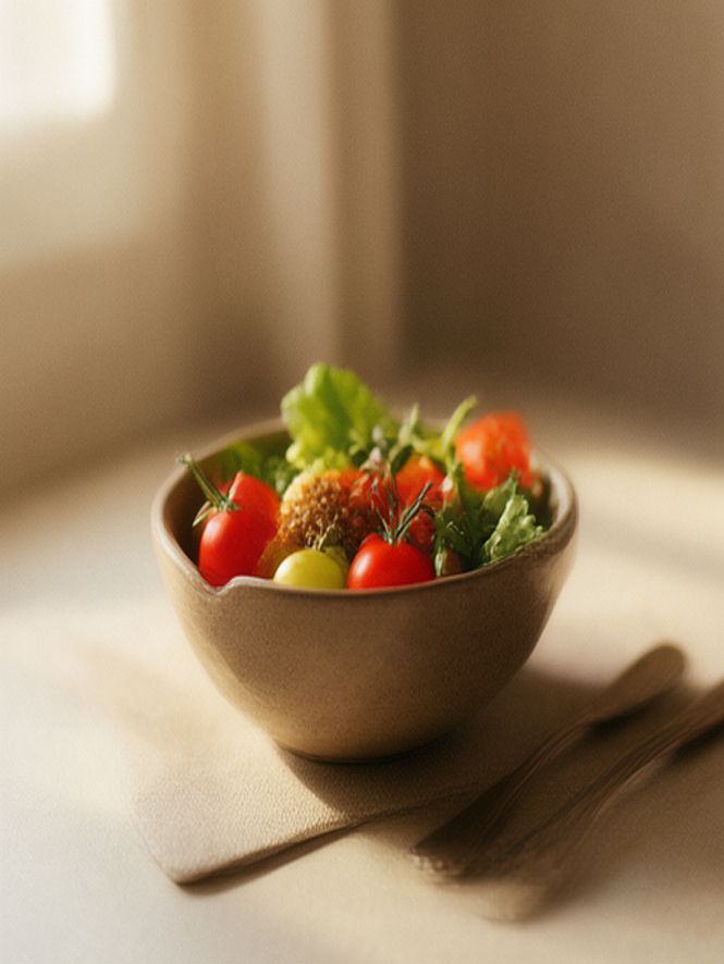 Fresh colourful ingredients and bowl on a neutral workspace