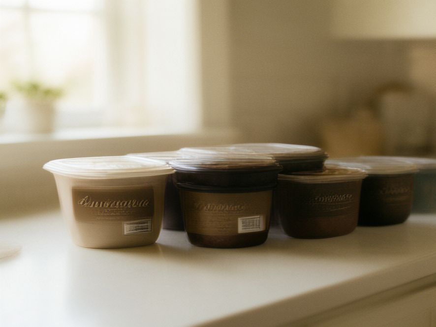Organised meal prep containers with coloured labels on a kitchen counter