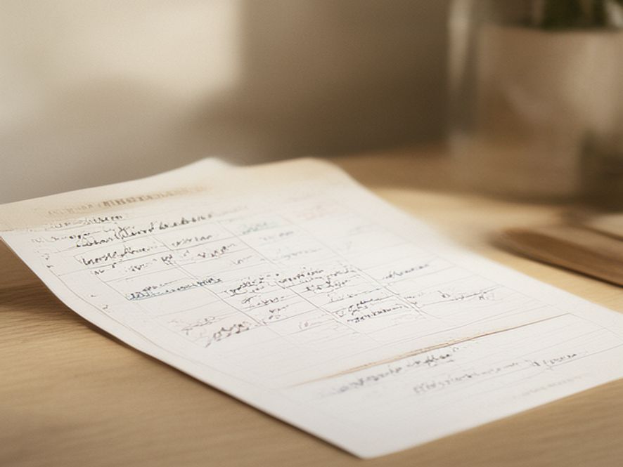 Colourful notebook with hand-written notes and organised meal planning calendar on desk